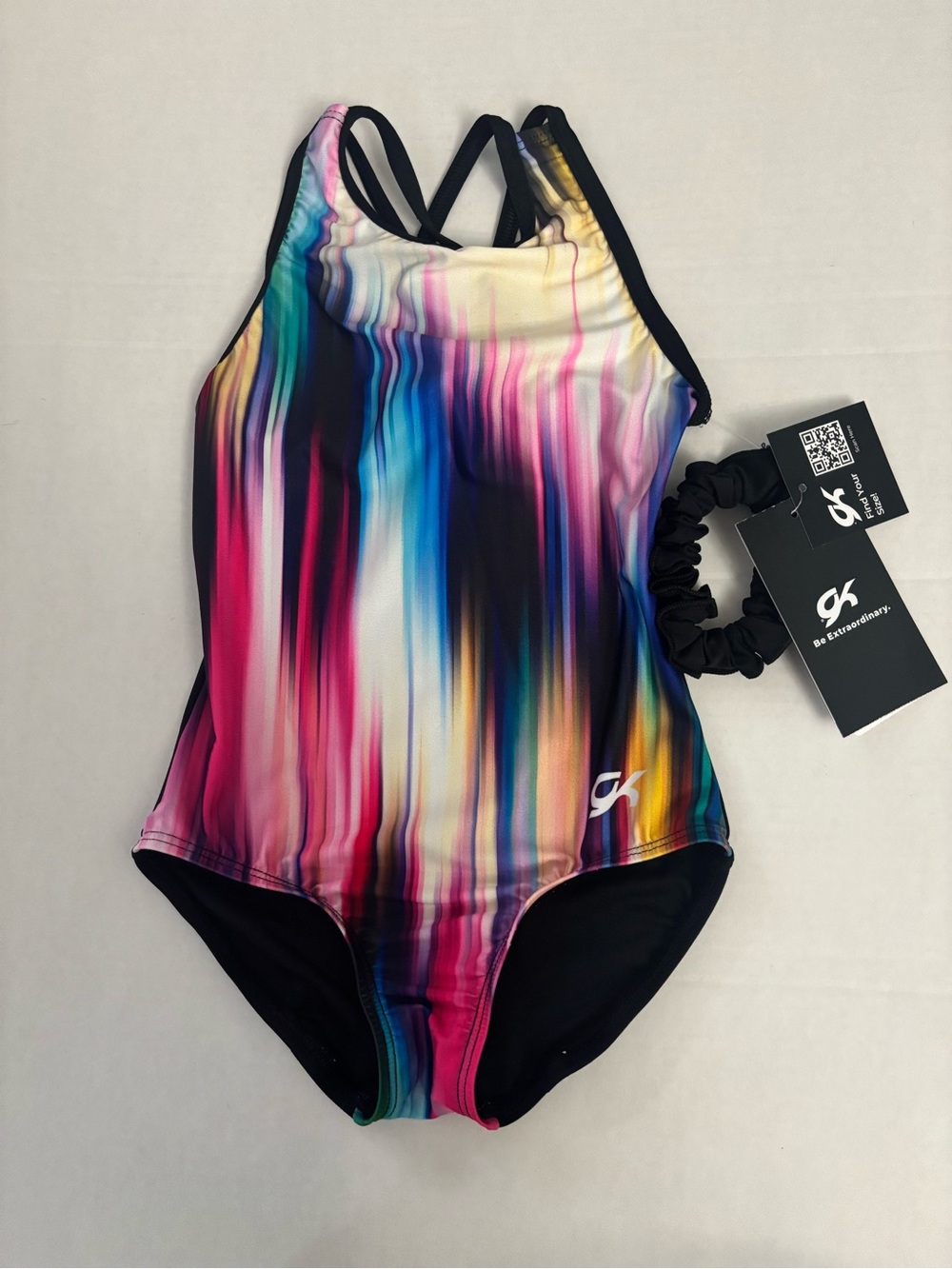 New! GK Gymnastics Tank Leotard+Scrunchie Black-multi Elite adult small